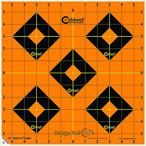Caldwell Orange Peel Targets feature dual color flake technology for instant hit visibility, adhesive backing for easy setup, and included pasters for extended use.